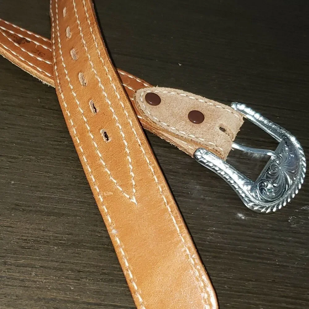 Justin Brown Tan Leather Reversible Belt Silver Buckle 32 Stitching Accents